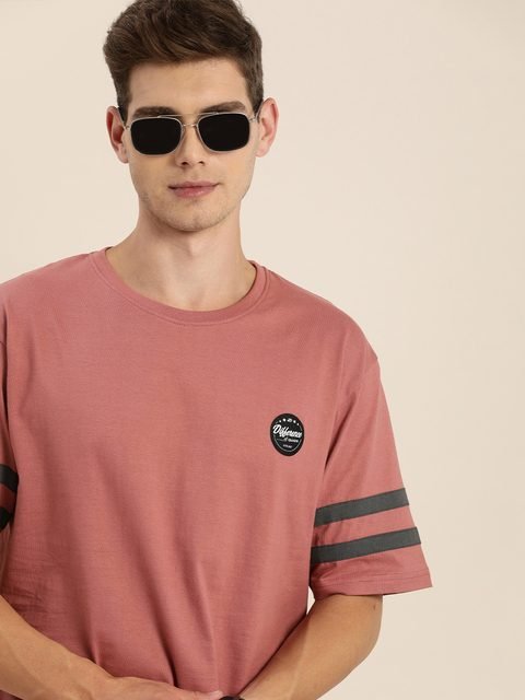 Difference of Opinion Men Mauve Round Neck Drop-Shoulder Sleeves Pure Cotton Loose T-shirt