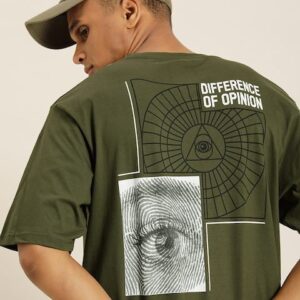 Difference of Opinion Men Olive Green Graphic Printed Pure Cotton Oversized T-Shirt