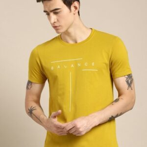 ether Men Mustard Yellow Printed Cotton Pure Cotton T-shirt