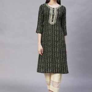 FASHOR Women Green & Beige Geometric Embroidered Kurta