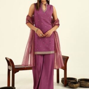 FIORRA Floral Embroidered Regular Thread Work Straight Kurti with Palazzos & Dupatta