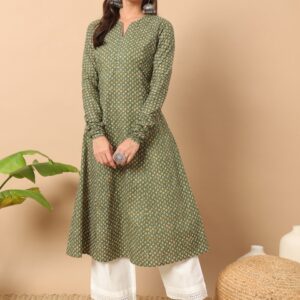 FIORRA Floral Printed Notch Collar Thread Work Cotton A-Line Kurta