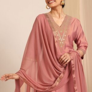 Gerua By Libas Floral Yoke Design Sequnnied Straight Kurta With Trousers & Dupatta
