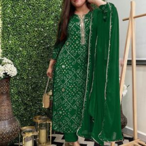 GoSriKi Bandhani Printed Mirror Work Straight Kurta With Trouser & Dupatta