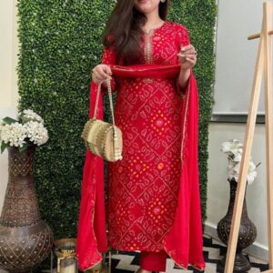 GoSriKi Bandhani Printed Round Neck Straight Kurta With Trousers & Dupatta