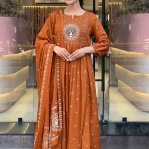 GoSriKi Floral Printed Notch Neck Thread Work Anarkali Kurta & Trousers With Dupatta