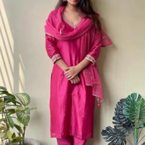 GoSriKi Thread Work V-Neck Straight Kurta with Trousers & With Dupatta