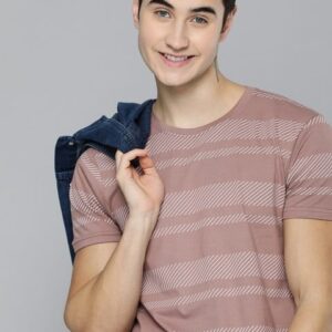 HERE&NOW Men Mauve & White Striped Pure Cotton T-shirt