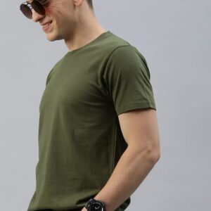 HERENOW Men Olive Green Solid Round Neck Pure Cotton T-shirt
