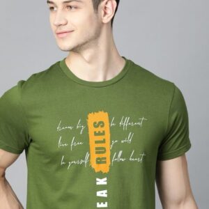 HERENOW Men Olive Green White Typography Printed Pure Cotton T-shirt