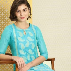 House of Pataudi Women Teal Blue Paisley Embroidered Keyhole Neck Jashn Kurta