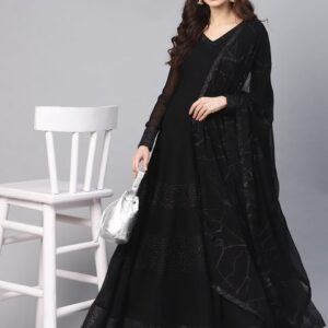 Inddus Women Black Solid Anarkali Kurta with Dupatta