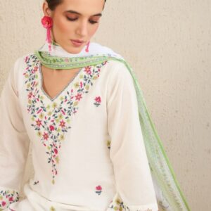 Indo Era Floral Embroidered Pure Cotton Kurta With Trousers & Dupatta