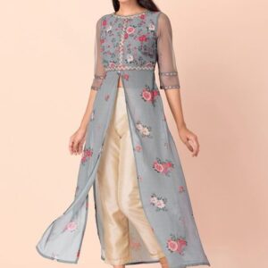 INDYA Women Grey & Pink Floral Printed Georgette Kurta