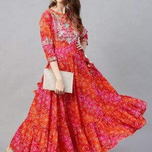 Ishin Women Red & Orange Bandhani Print Anarkali Kurta