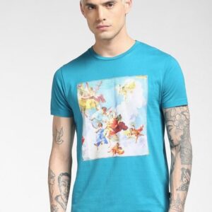 Jack & Jones Men Blue Printed Slim Fit Cotton T-shirt