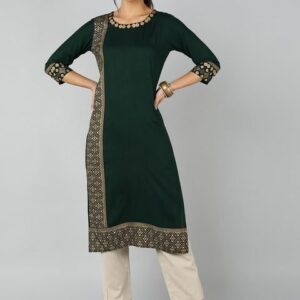 Jaipur Folk Women Green Geometric Colourblocked Kurta