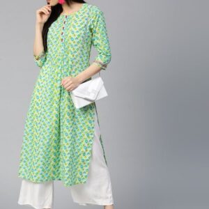 Jaipur Kurti Women Blue & Green Printed Straight Kurta