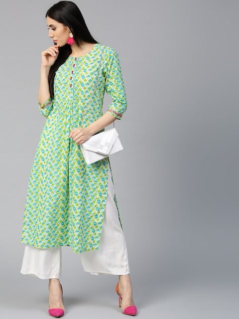 Jaipur Kurti Women Blue & Green Printed Straight Kurta