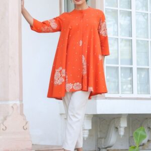 Janasya Women's Orange Pure Cotton Floral Printed Flared Tunic