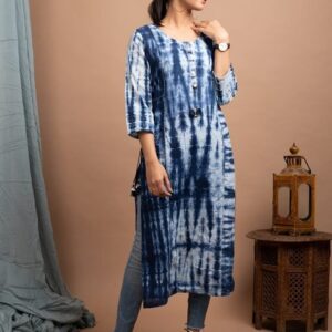KAAJH Women Blue & White Tie & Dye Cotton Kurta
