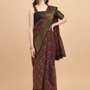 KALINI Black & Red Floral Printed Jute Silk Kota Saree