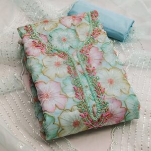 KALINI Floral Printed Beads and Stones Detail Unstitched Dress Material