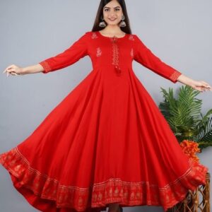 KALINI Women Red Ethnic Motifs Embroidered Keyhole Neck Anarkali Kurta