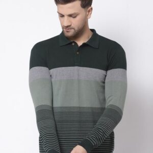 Kalt Men Green & Black Striped Polo Collar T-shirt