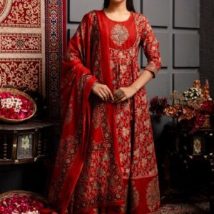 KIMAYRA Women Ethnic Motifs Printed Cotton Anarkali Kurta with Trousers & Dupatta