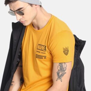 Kook N Keech Marvel Men Mustard Yellow Solid Round Neck Pure Cotton T-shirt