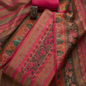 Koskii Pink & Green Embroidered Art Silk Unstitched Dress Material