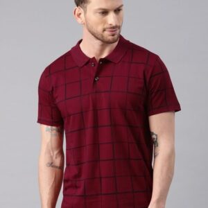 Kryptic Men Maroon Navy Checked Polo Pure Cotton T-shirt