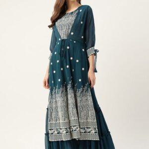 Kvsfab Women Teal Green & White Embroidered Sequins Tiered Layered Anarkali Kurta