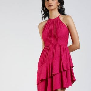 Label Ritu Kumar Halter Neck Sleeveless Self Design Short Dress