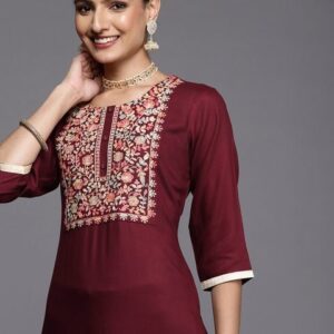 Libas Women Maroon Floral Motifs Yoke Design Pashmina Kurta