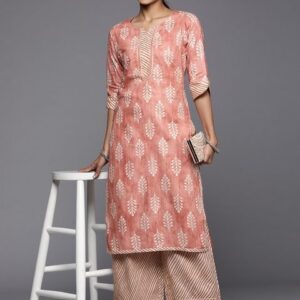 Libas Women Peach-Coloured & Off White Ethnic Motifs Printed Cotton Kurta