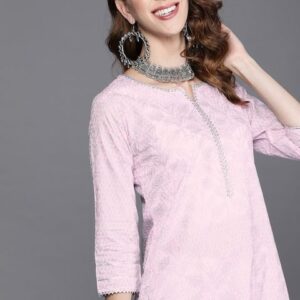 Libas Women Pink & Silver-Toned Ethnic Motifs Printed Gotta Patti Pastels Kurta