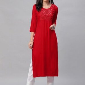 Libas Women Red Embroidered Straight Kurta