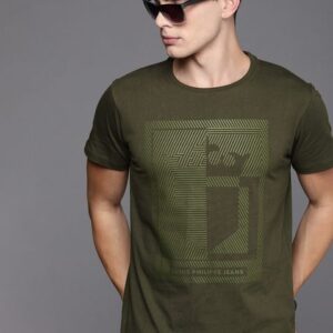 Louis Philippe Jeans Men Olive Green Brand Logo Printed Slim Fit Pure Cotton T-shirt