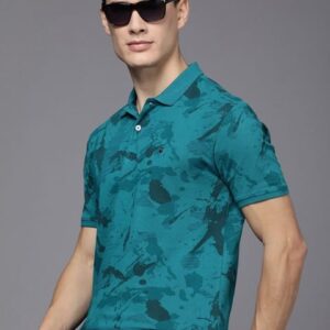 Louis Philippe Jeans Men Teal Blue Printed Polo Collar Pure Cotton Slim Fit T-shirt