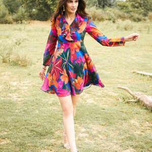 Mabish By Sonal Jain Multi-Color Frill Neck Mini Skater Dress