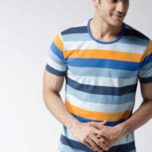 Mast Harbour Men Blue Striped Round Neck Pure Cotton T-shirt