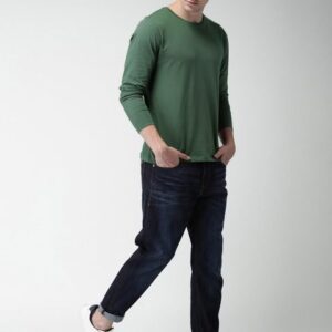 Mast Harbour Men Olive Green Solid Round Neck Pure Cotton T-shirt