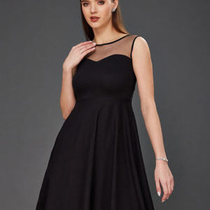 Miss Chase Women Black Round Neck Sleeveless Back Cut Out Bow Mini Skater Dress