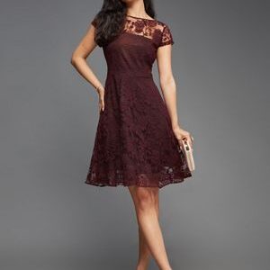 Miss Chase Women's Wine Round Neck Cap Sleeves Laced Knee Length Skater Party Dress