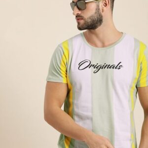 Moda Rapido Men Green & Lavender Striped Pure Cotton Round Neck T-shirt
