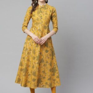 mokshi Women Mustard Yellow & Green Floral Print A-Line Kurta