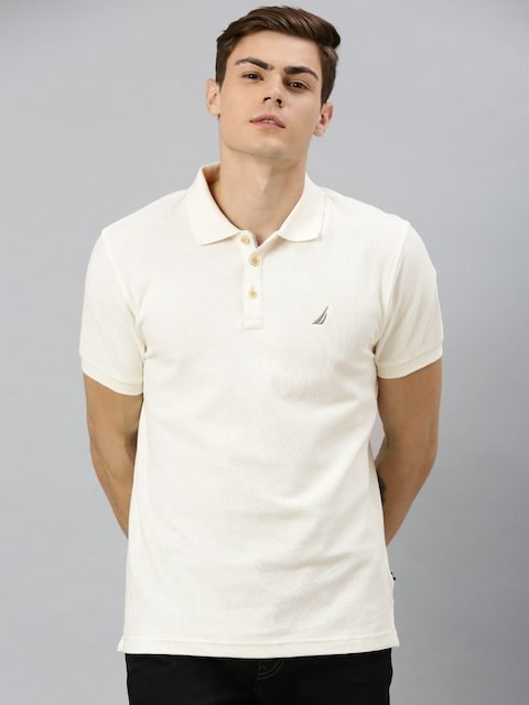 Nautica Men Cream-Coloured Solid Polo Collar Pure Cotton T-shirt