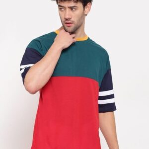 PAUSE SPORT Men Teal & Red Colourblocked Extended Sleeves Antimicrobial Outdoor T-shirt